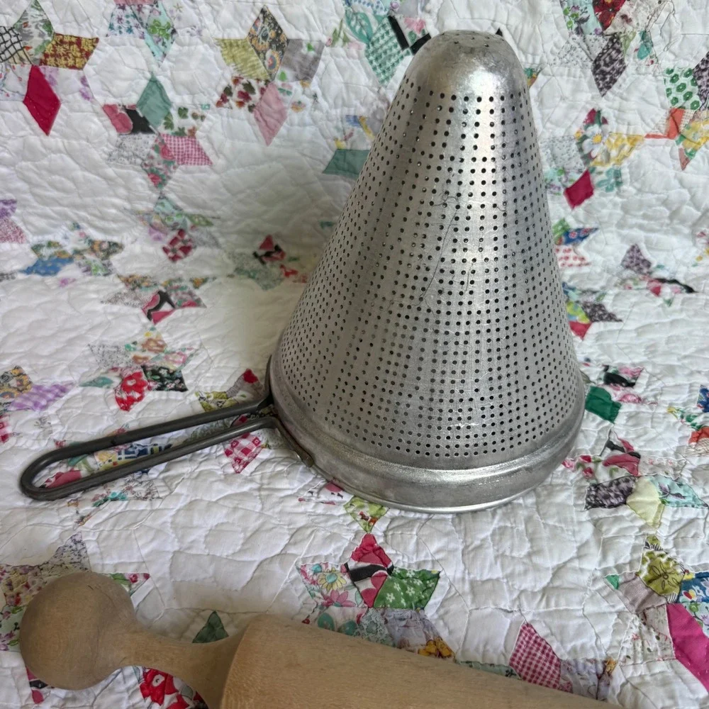 Vintage VIKO Aluminum Cone Strainer Chinois with Wooden Pestle Made in USA MCM